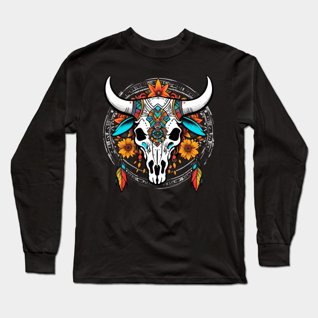 Boho blooming bull skull Long Sleeve T-Shirt by Skulls To Go